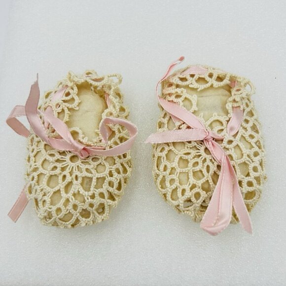 Handmade Other - Vintage 1920's Ivory Crochet Baby Shoes Pink Satin Ribbon